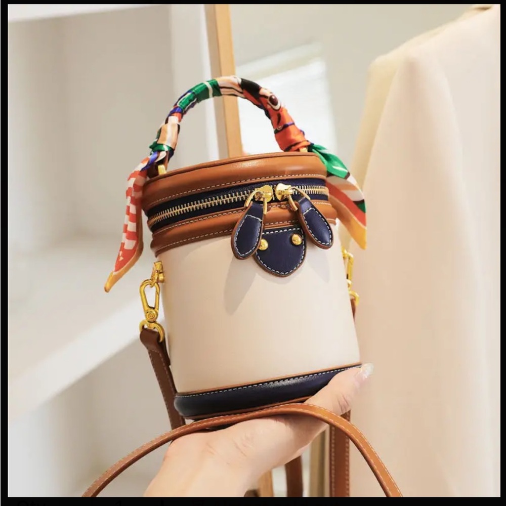 Colorblock Shoulder Cylinder Bucket Bag, Scarf Decor Top Handle Bag